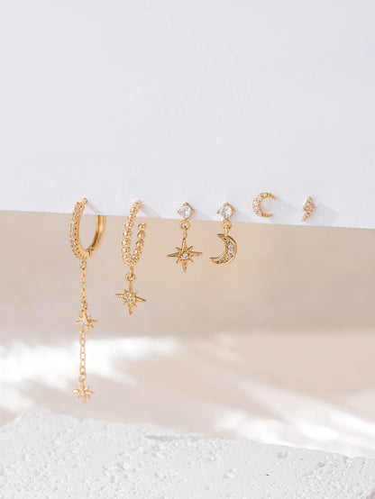Set de 6 boucles d’oreilles étoiles & lune – élégance céleste