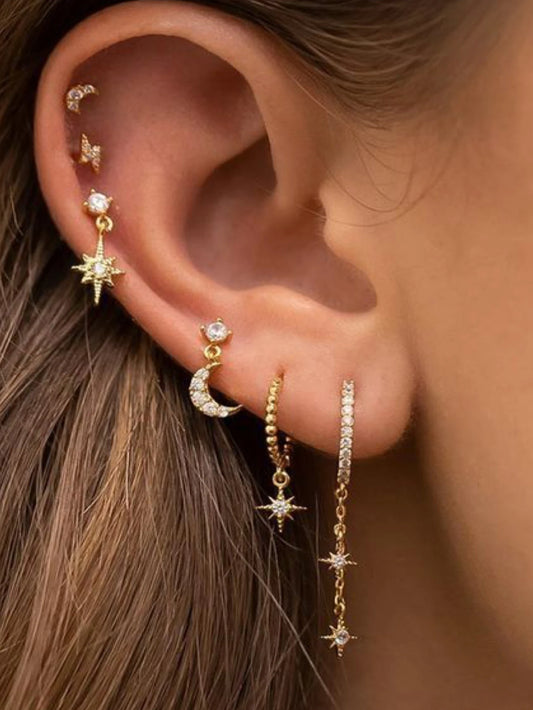 Set de 6 boucles d’oreilles étoiles & lune – élégance céleste